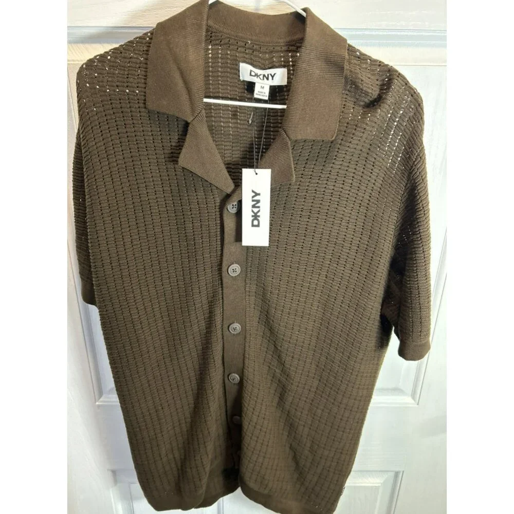 DKNY Men’s Cafe Brown Grid Sweater Shirt M Button-Up NWT | Designer Casual - Picture 1 of 6
